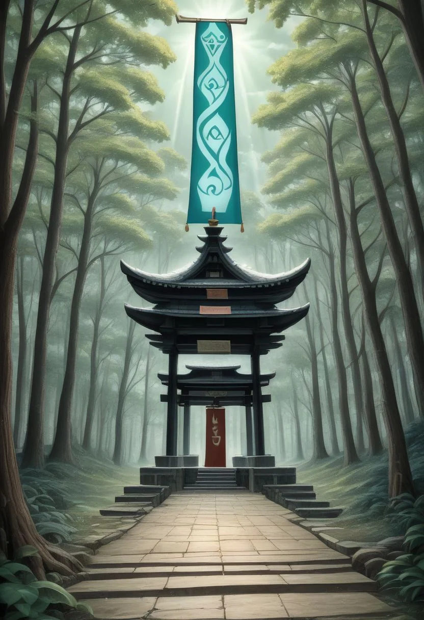 a shrine dedicated to forest spirits, adorned with mysterious runes, spirit offerings, prayer flags, rune stones, incense burners, dense forest in background, moss-covered shrine and flickering candles in foreground, dappled green lighting, serene atmosphere, watercolor style with soft textures, anime, isao takahata style, earthy color palette, lens diffusion, leaf shadows, god rays, glowing auras