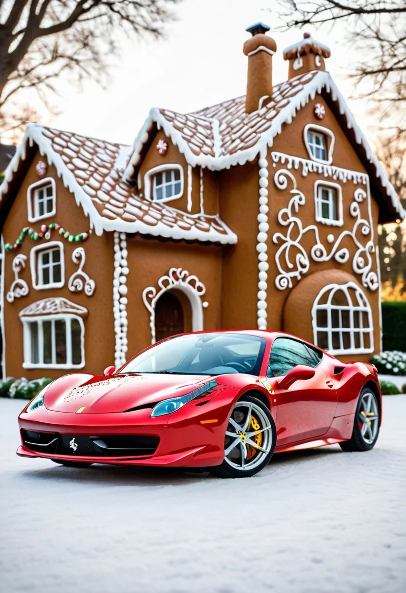 Ferrari 458,in front of house.<lora:GingerbreadStyle_epoch_10:0.7>