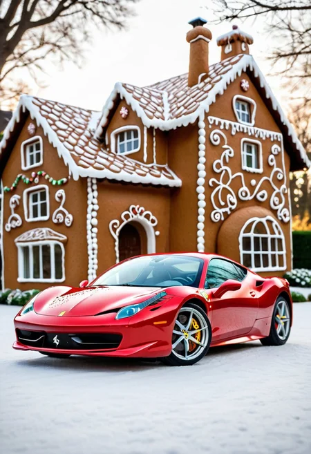 Ferrari 458,in front of house.<lora:GingerbreadStyle_epoch_10:0.7>