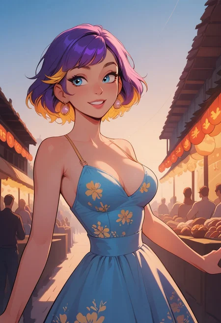 safe_pos, score_9, score_8_up, score_8, 1girl , solo sexy woman, sky blue eyes, straight short purple hair, elegant bob hair, (yellow highlights), bangs, hair swept to one side, pink eyeliner, perfect face, elegant, refined, medium breasts, colorful floral sundress, sweet smile, dynamic pose, volumetric lighting, cinematic lighting, outdoors, festival, vibrant colors, blurry background