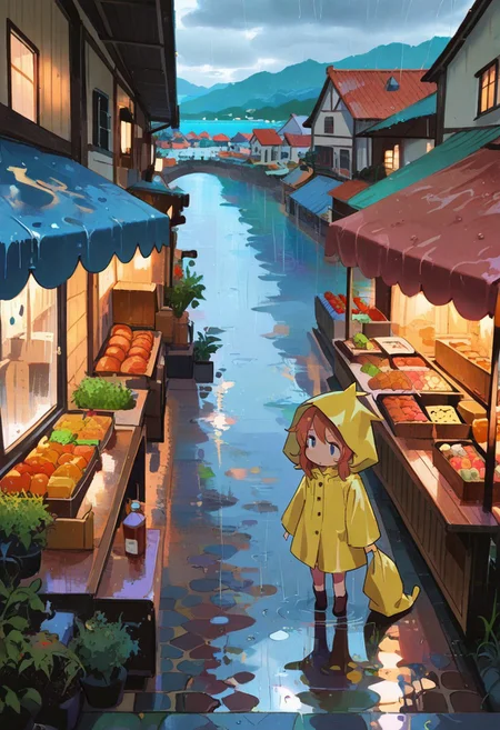 masterpiece, best quality, absurdres,
old neighborhood, seaside village, rainy day, marketplace, ducky raincoat