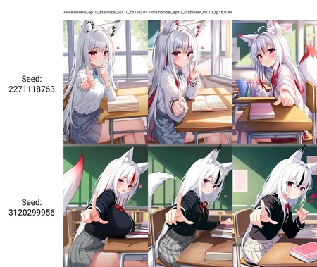 <lora:noobai_ep10_stabilizer_v0.10_fp16:0.8>1girl,fox ears,red eyes,white hair,multicolored hair,sitting on chair,looking at viewer,pointing at viewer,viewing from side,heart,book on table,in classroom,