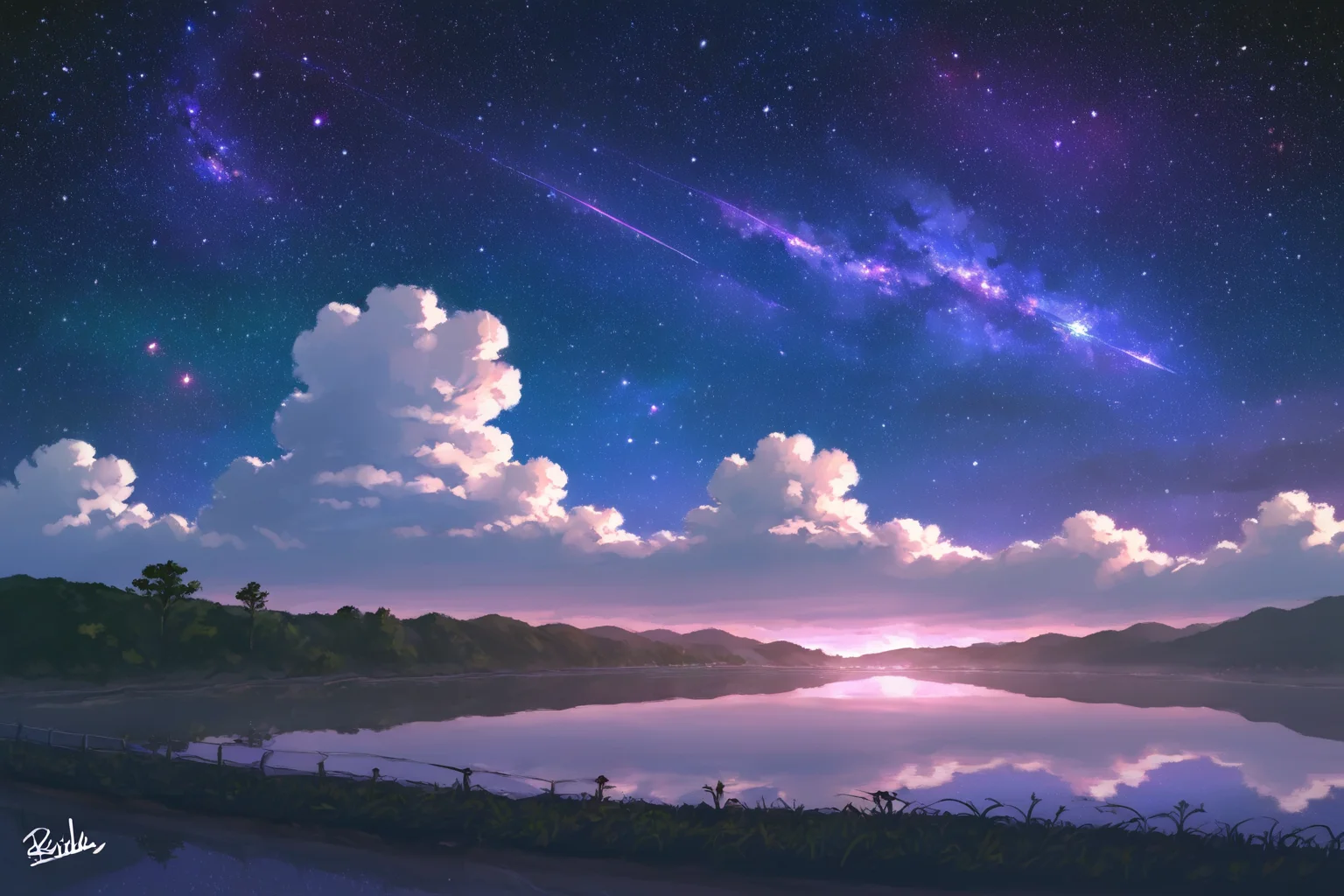 PDXL, source_anime, <lora:AlpcmasV1:1>, alpcm4s, landscape,
giant lake, night sky, stars, galaxies,
volumetric reflections, volumetric shadows, HDR, shot on Canon DSLR