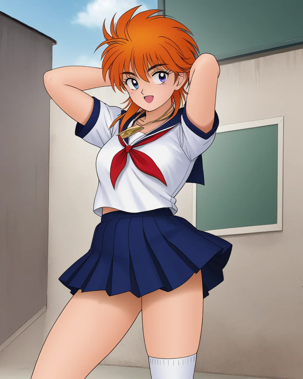 score_9, score_8_up, score_7_up,1girl,  solo,    <lora:hs_asuka_pdxl:1>,hs_asuka, honnoji asuka, 1girl, solo, orange hair, bangs, blue eyes, short hair, seifuku, white longs sleeves, red neckerchief, blue skirt, knee socks, triangle medallion necklace,  sidelocks, official art, standing, arms behind head, smile, open mouth