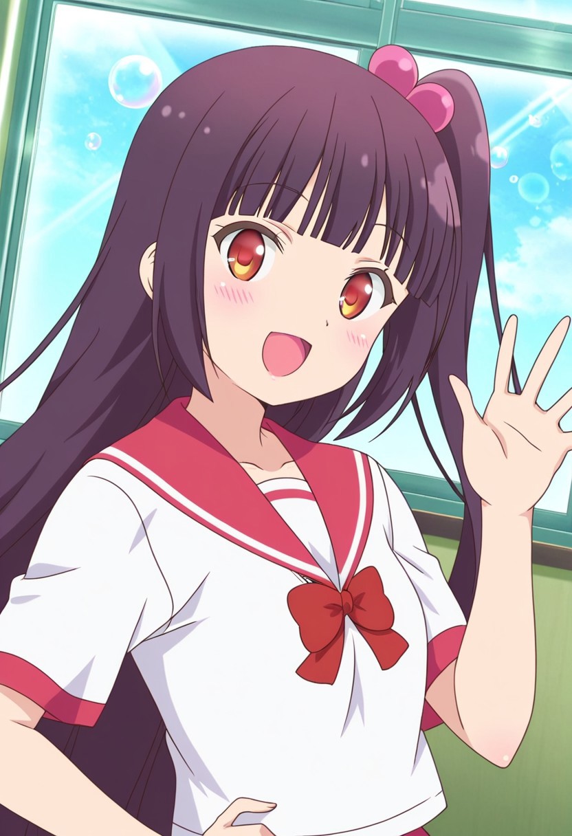 general,highres, ultra-detailed,very aesthetic,best quality ,best hands,best eyes,easynegative,
dynamic angle, dutch angle, anime cloring,anime screencap,
1girl solo,looking at viewer,school,indoors,smile,open mouth,waving hand, hand on hip, 
Yua NAKAJIMA,black_hair,very long_hair,short side ponytail, hair bubbles,short body, small breasts, amber eyes,serafuku,
