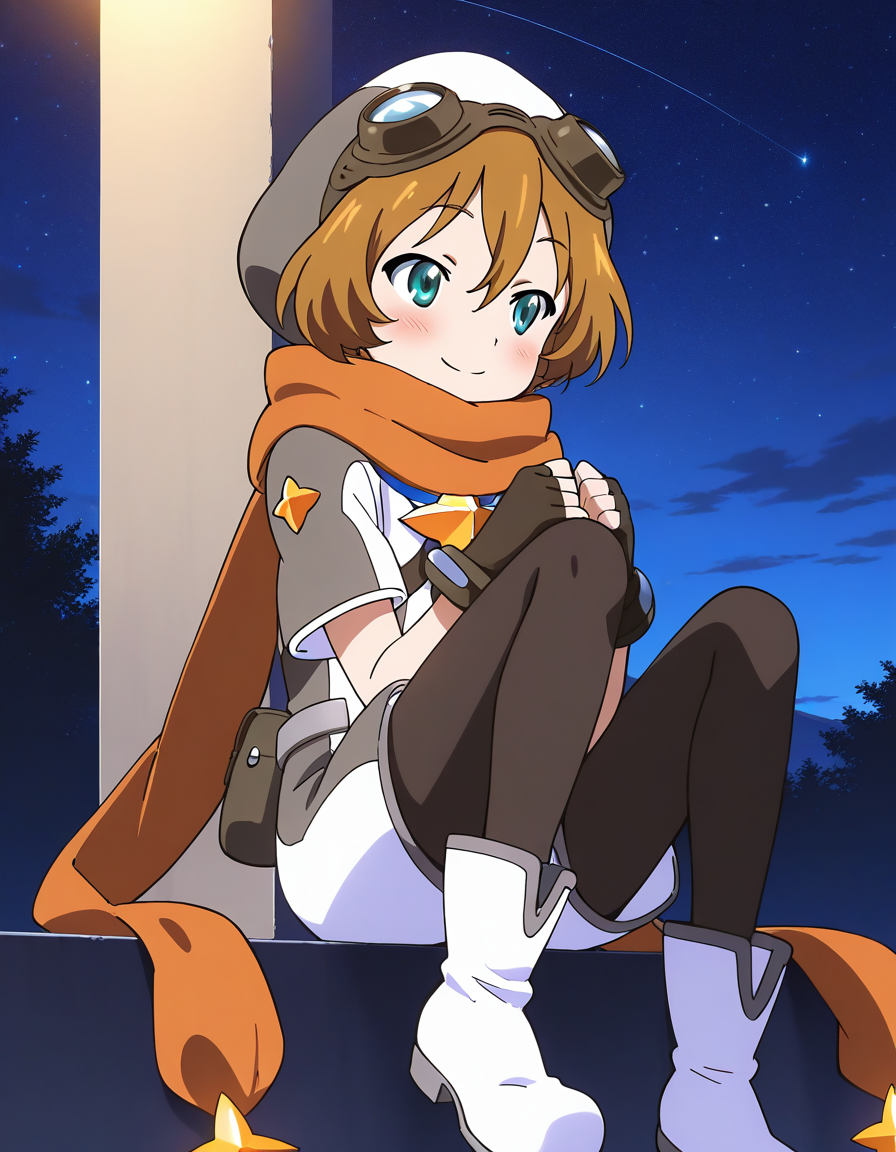 general,highres, ultra-detailed,very aesthetic,best quality ,best hands,  BREAK <lora:Elnath_Houkago_no_Pleiades_IS:1> Elnath(Pleiades), 1boy,solo, scarf, goggles, brown hair, goggles on head, short hair, aqua eyes, 
fingerless gloves,  pantyhose, long hair, gloves, night, smile, sitting,
white boots, outdoors, blush,   mary janesã
night, star sky,