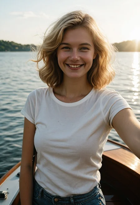 She leans back slightly with one arm stretched over the boat’s padded side, her t-shirt hugging her chest, jeans slightly wrinkled from movement. ((Sunlight hits her face)), and her smile is soft. The wind lifts her hair gently. ((Boat wake visible behind)), ((casual summer vibe)).