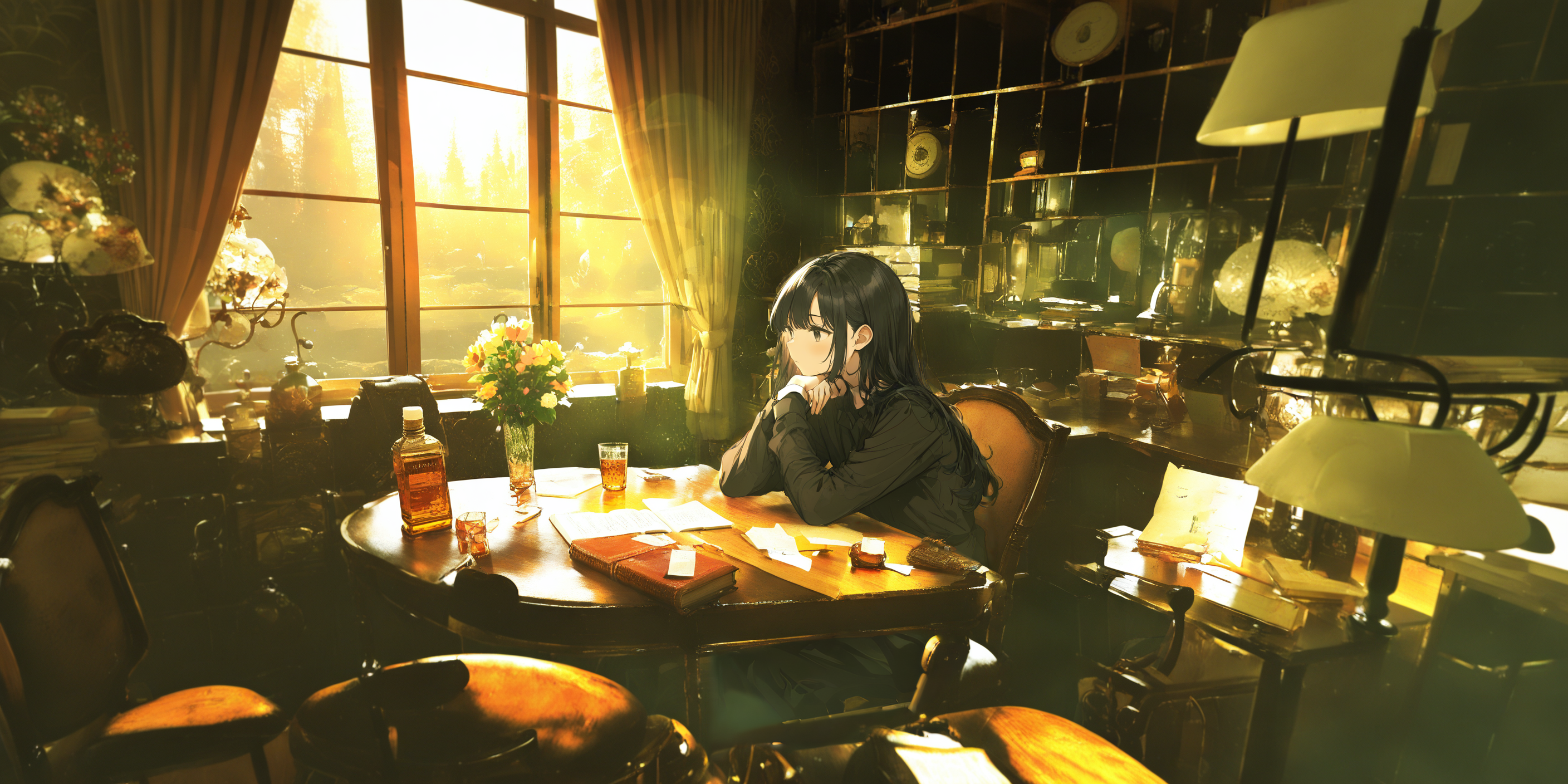 window, indoors, long hair, lamp, black hair, cup, sunlight, book, chair, desk, bottle, table, multiple girls, 1girl, bangs, long sleeves, sitting, drinking glass, flower, curtains, desk lamp, crossed arms <lora:lifelineXL_NB11_lokr_V6311P:0.95>