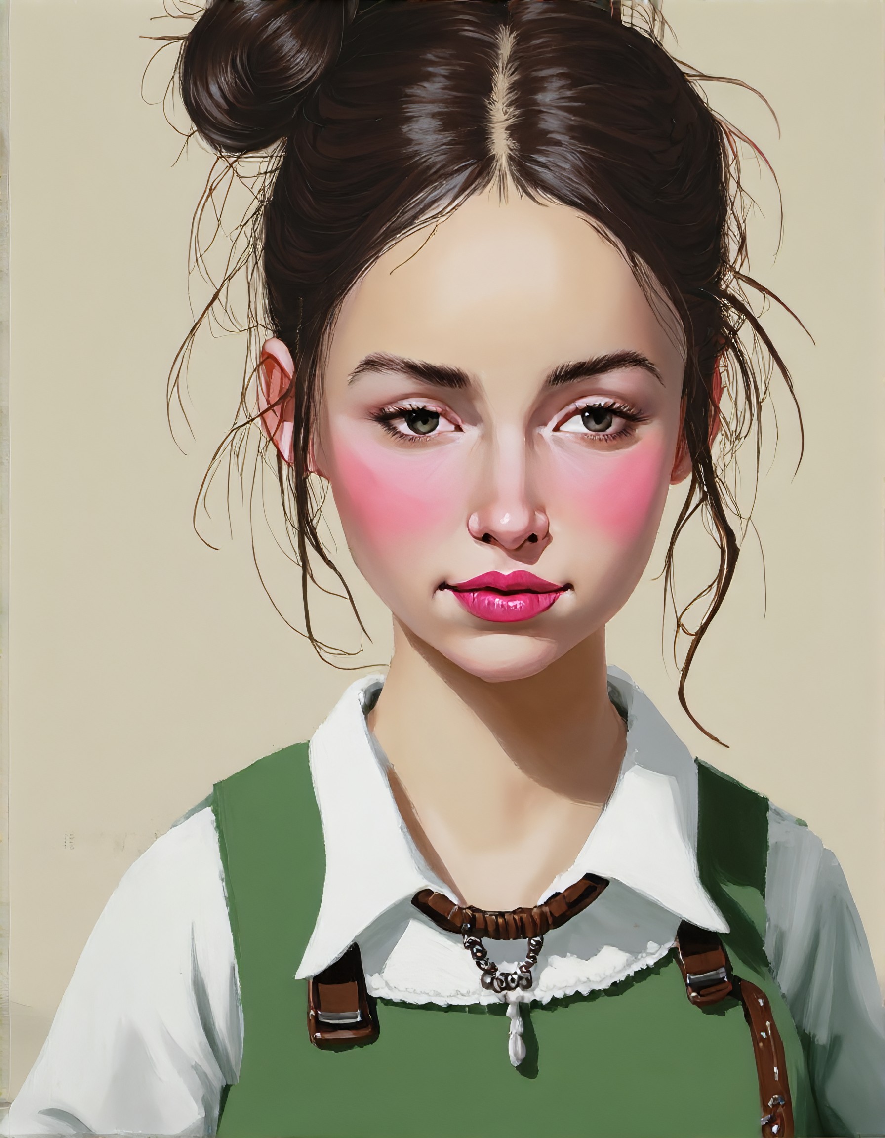 Close-up of a painted portrait of a young woman.Â 
The woman has dark, slightly tousled hair styled in a bun.Â Her eyes are closed, and she has a soft, serene expression. Her face is pale, with light blush on her cheeks and subtle eyeshadow. Her lips are a soft pink.Â She wears a choker-style necklace.
She is wearing a green, loose-fitting overall style dress or top, with a white blouse or shirt over the top, which has a slightly oversized, ruffled look to the sleeves. The green garment has a noticeable belt with a dark brown/black buckle.
The background is a light beige or cream color with subtle brushstrokes, which gives the painting an almost textured and painterly quality. The focal point is clearly the woman's face and torso. The colors are muted, and there is a soft lighting that creates a dreamy atmosphere to the image., <lora:FLUX-daubrez-DB4RZ-v2:1> DB4RZ, DB4RZ style painting, 1girl, perfectly flat chest, tiny perky tits