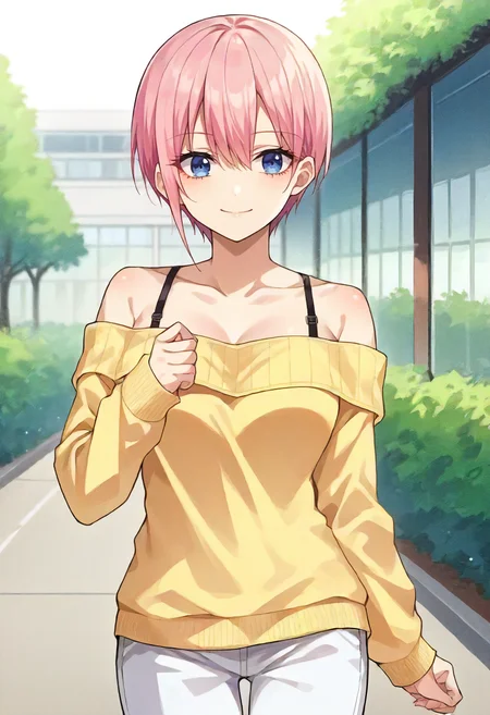 score_9, score_6_up, source_anime, 1girl, solo, cowboy shot, school, outdoors, nakano ichika, pink hair, short hair, yellow sweater, strapless, bare shoulders, long sleeves, black bra strap, white pants, light smile <lora:quintessential_quintuplets_sdxl_pony:0.8>