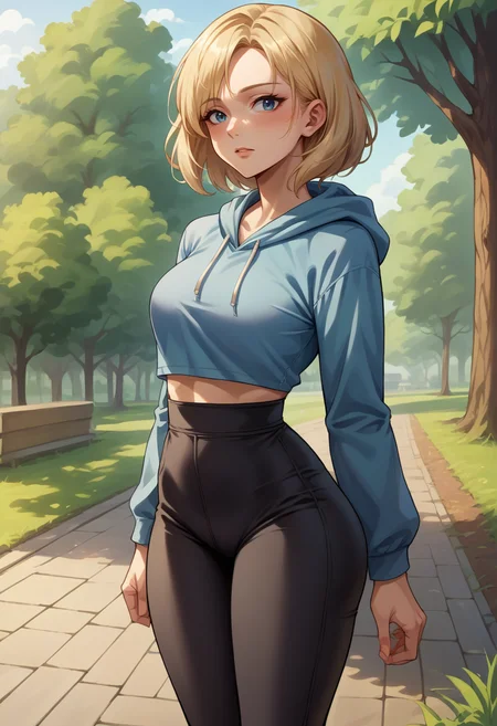 score_9, score_8_up, source_anime, 1girl, solo, Ashelia, medium hair, blonde hair, blue eyes, outdoors, park, blue hoodie, high-waist pants, yoga pants, black pants, light blush, <lora:CHAR-AsheliaPonyXL:1>