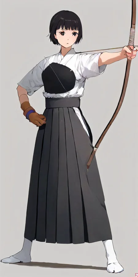 ashibumi, 1girl,solo,short hair,skirt,black hair,gloves,holding,brown eyes,standing,full body,weapon,japanese clothes,socks,holding weapon,lips,white socks,black background,hakama,hakama skirt,brown gloves,single glove,bow (weapon),partially fingerless gloves,realistic,arrow (projectile),tabi,muneate,holding bow (weapon),yugake,archery,kyuudou <lora:Kyudo:1>