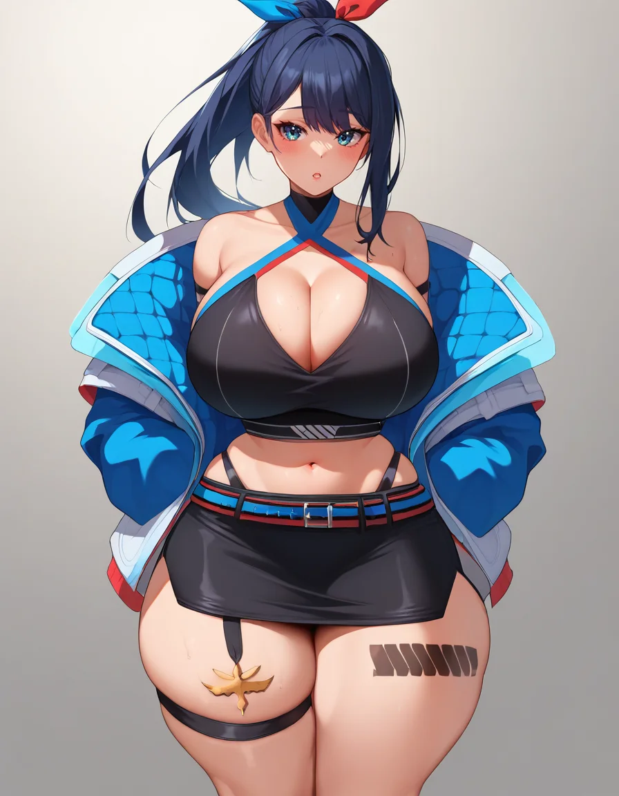 score_9, score_7_up, BREAK ,rating_explicit,
rikkadream,black halterneck,pencil skirt,,thigh strap,ponytail,hair ribbon,open jacket,white jacket,thick thighs,huge breasts<lora:takarada_rikka XL 3 outfits:1>