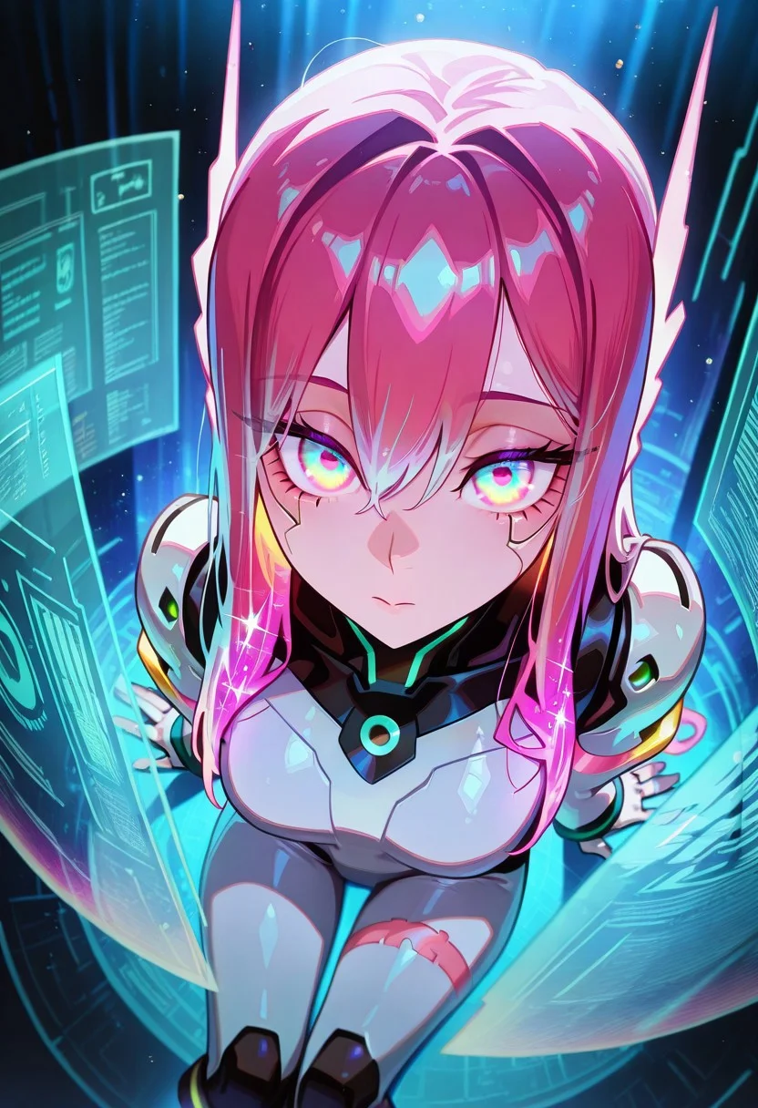Mevak_PS, 1girl, android, holographic interface, glitter, light particles, faint lighting, glowing, ethereal, neon hair, glowing hair, long hair, looking at viewer, relaxing, from above, dynamic angle
BREAK (masterpiece), (best quality), (ultra-detailed), amazing quality, very aesthetic, illustration, perfect composition, intricate details, absurdres, incredibly absurdres, high resolution, ultra-detailed, newest, extremely detailed eyes, beautiful, perfect lighting,