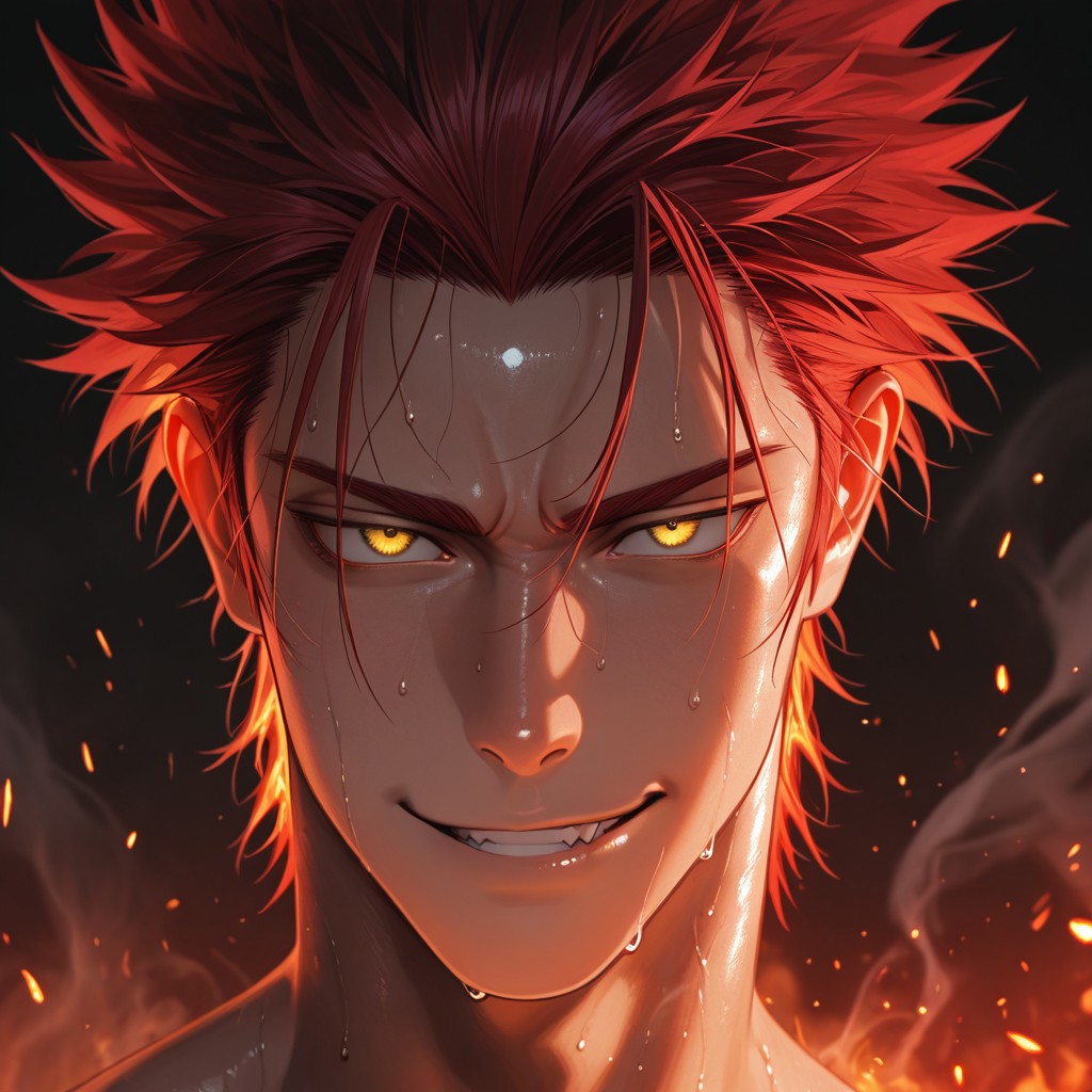 masterpiece, best quality, amazing quality, absurdres, newest, detailed background, definition so sharp, Ultra-HD, 8K cinematic, very awa, impressionate, amazing quality, highres, 
solo, male focus, manly, 
1boy, spiked hair, short hair, mikoto_red hair, mikoto_yellow eyes, mikotosuoh, close up, eye contact, intense gaze, sweat, slight smirk, fire \(effect\), glowing, dark background, embers, smoke, raw power, contained, smoldering, dangerous
