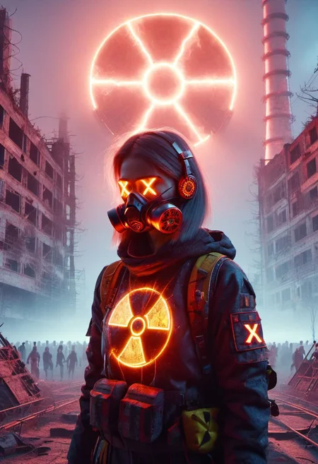4D render, Chernobyl disaster, nuclear , Apocalypse,girl, detailed face, portrait, glowing x, minimalist outfit, anti social , ,cyberpunkartstyle,ruined ancient city,Professional styling, intricate details,8k post production, faithful, Religious denomination,