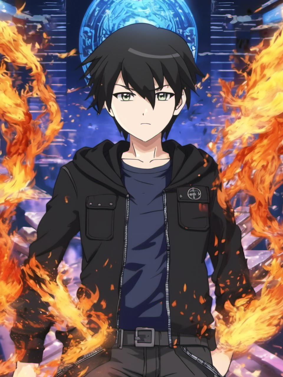 anime artwork  <lora:Choi_Kang-rim_v1.18:0.8>, a young boy Choi Kang-rim, black hair, detailed green eyes with black pupil, complex background, dystopia, full shot, wearing a black jacket with blue shirt with serious looking, 8k, uhd, (masterpiece, best quality, ultra-detailed, best shadow), black pants, long sleeves, shoulder armor, armor, magic, (detailed background,dark fantasy), depth of field,black light particles, symbol-shaped_pupils, 12 years old, pyro, black cloak . anime style, key visual, vibrant, studio anime,  highly detailed