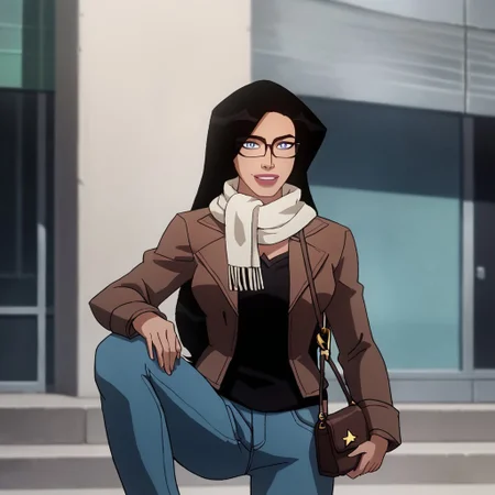 safe_pos, score_9, score_8_up, score_7_up, 1girl, solo, long hair, blue eyes, black hair, lipstick, black shirt, jeans, handbag, open jacket, brown jacket, glasses, white scarf, Wonder Woman (2009), looking at viewer, mouth closed, smile, middle of the city, full body, leg up