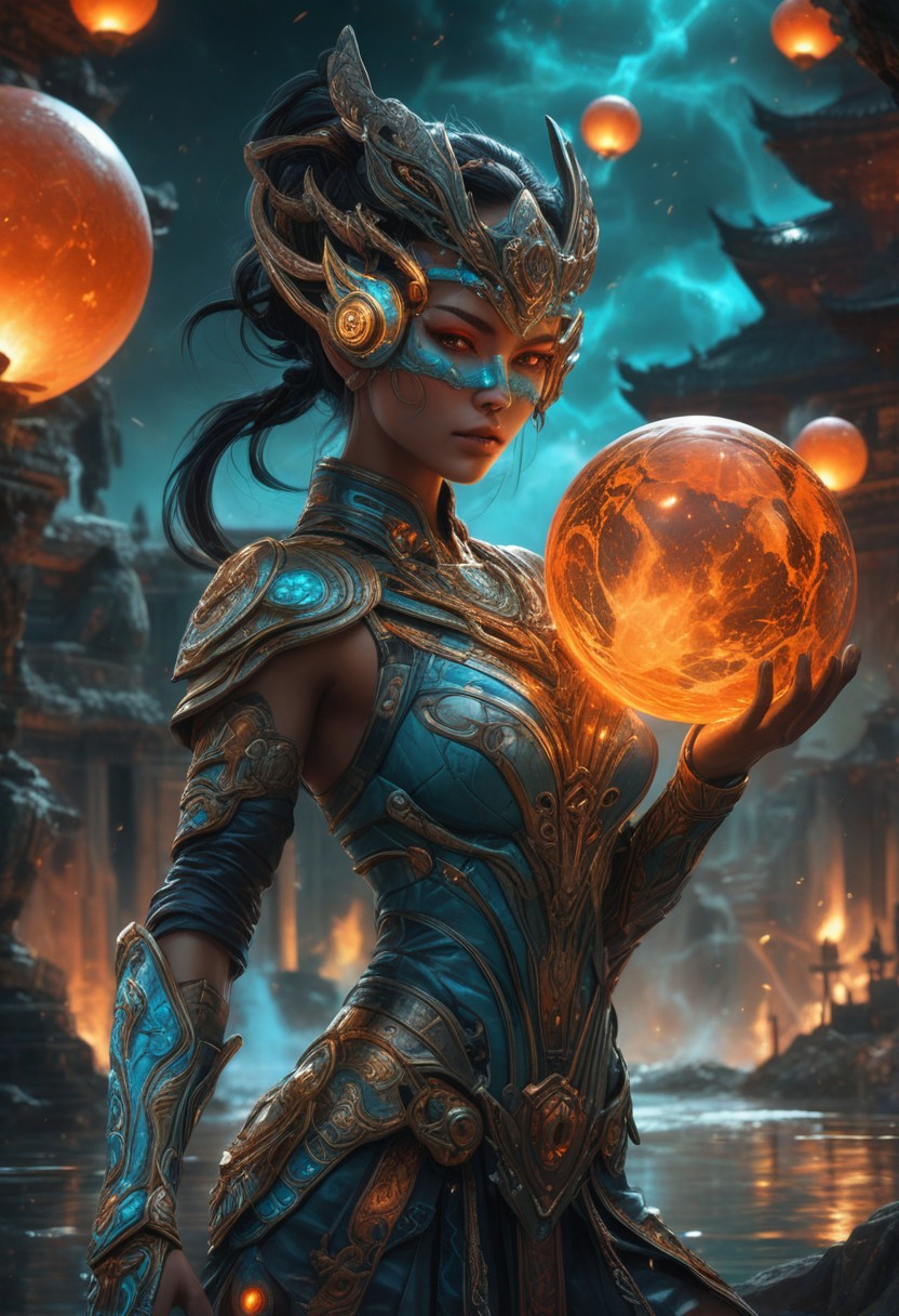 "Create a hyper-realistic depiction of a powerful, mysterious warrior infused with cosmic energy, set against an ancient, moonlit temple. The character embodies a seamless blend of elegance and strength, wearing a sleek, form-fitting suit with intricate metallic accents and glowing cyan and orange veins, mirroring a fiery core of energy encased in a futuristic orb. Her mask partially conceals her identity, with striking, piercing eyes that radiate confidence and intrigue. The environment reflects the mystical aura, featuring a serene pool reflecting the full moon, ancient ruins, and glowing lanterns, while incorporating elements of molten lava and fiery tendrils spreading across the scene, blending technology with nature. The orb’s influence is visible, creating cracks of molten energy along her armor and the ground beneath her. The scene is rendered with cinematic lighting, capturing subtle details in texture, reflections on water, and a balance between the cool moonlight and the fiery warmth of the orb. The atmosphere is charged with mystery and power, emphasizing the fusion of human and elemental forces."