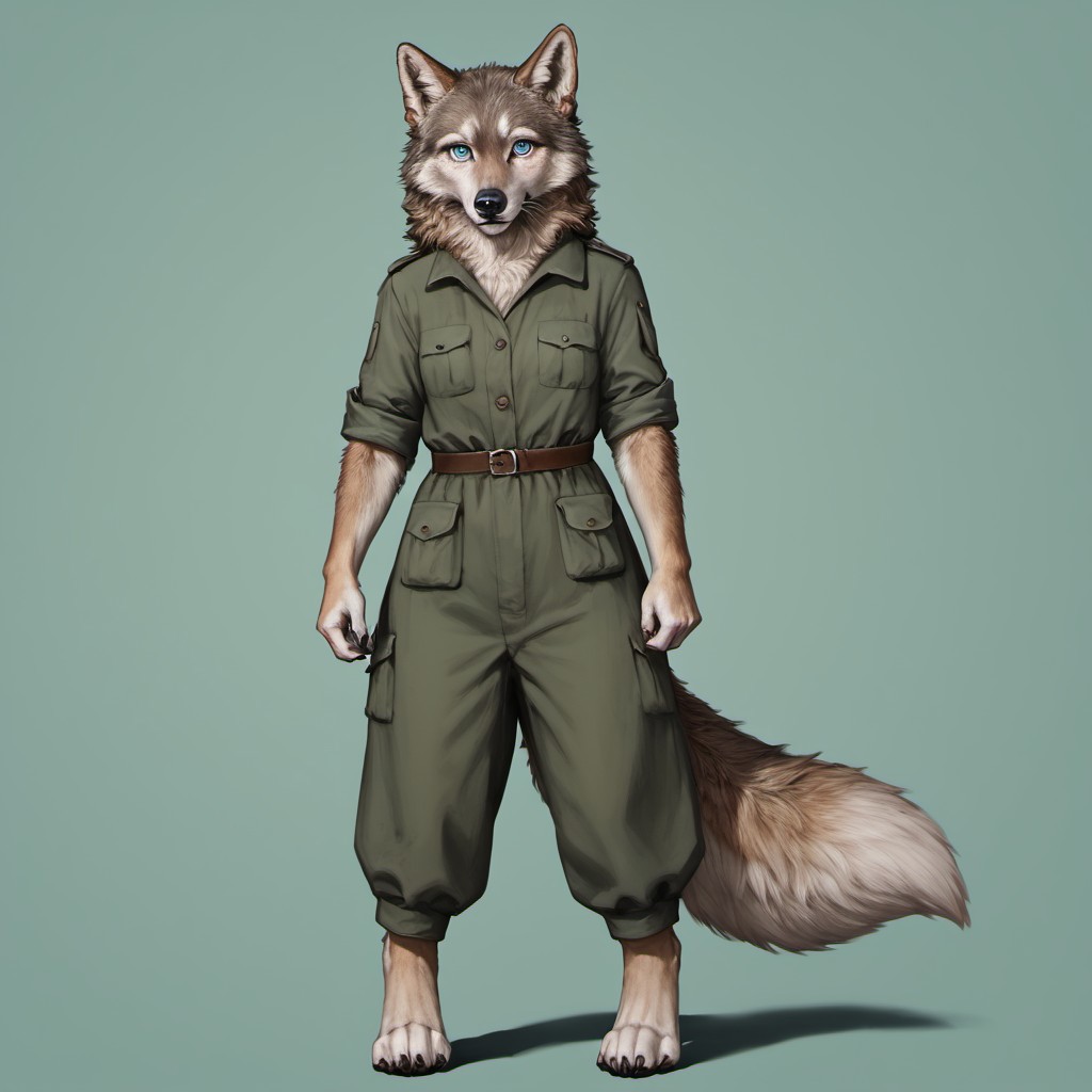 score_9, score_8_up, score_7_up, source_furry, detailed face, detailed eyes, incredible detail BREAK 1girl, solo, anthro, wide shot (furry female, wolf, light brown fur, monotone fur, light blue eyes,slightly wide hips, small breasts), black nose, whiskers, ear flop, solo, looking at viewer, simple background, green background, full body, hunter outfit, archer outfit, shy pose