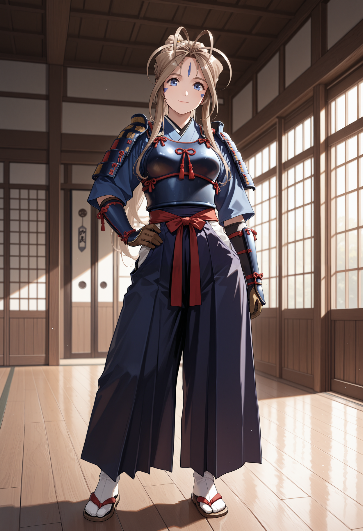 masterpiece, best quality, 1girl, solo, Belldandy, medium breasts, (samurai:1.2), japanese clothes, hakama, (japanese armor), kote, sode, shoulder armor, d0j0, indoors, sliding doors, sunlight, contrapposto, legs apart, standing, (hakama pants), breastplate, gloves, east asian architecture, full body, tabi, sandals, wooden floor, looking at viewer, hand on own hip, arm at side, light smile, closed mouth