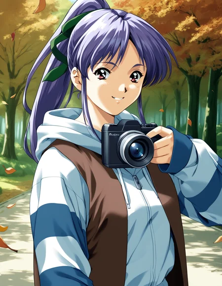 score_9, score_8_up, score_7_up, <lora:shuusaku-v2-ponyxl-000016:0.9> takabe, purple hair, hair ribbon, open vest, brown vest, striped hoodie, white hoodie, blue hoodie
1girl, solo, smile, taking picture, holding camera, nature, autumn leaves, path, tree, dappled sunlight, close-up