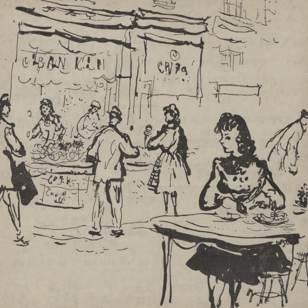 grabianski-sk girl in a cafe, people at tables in the background, sketch<lora:grabianski-sk:1>