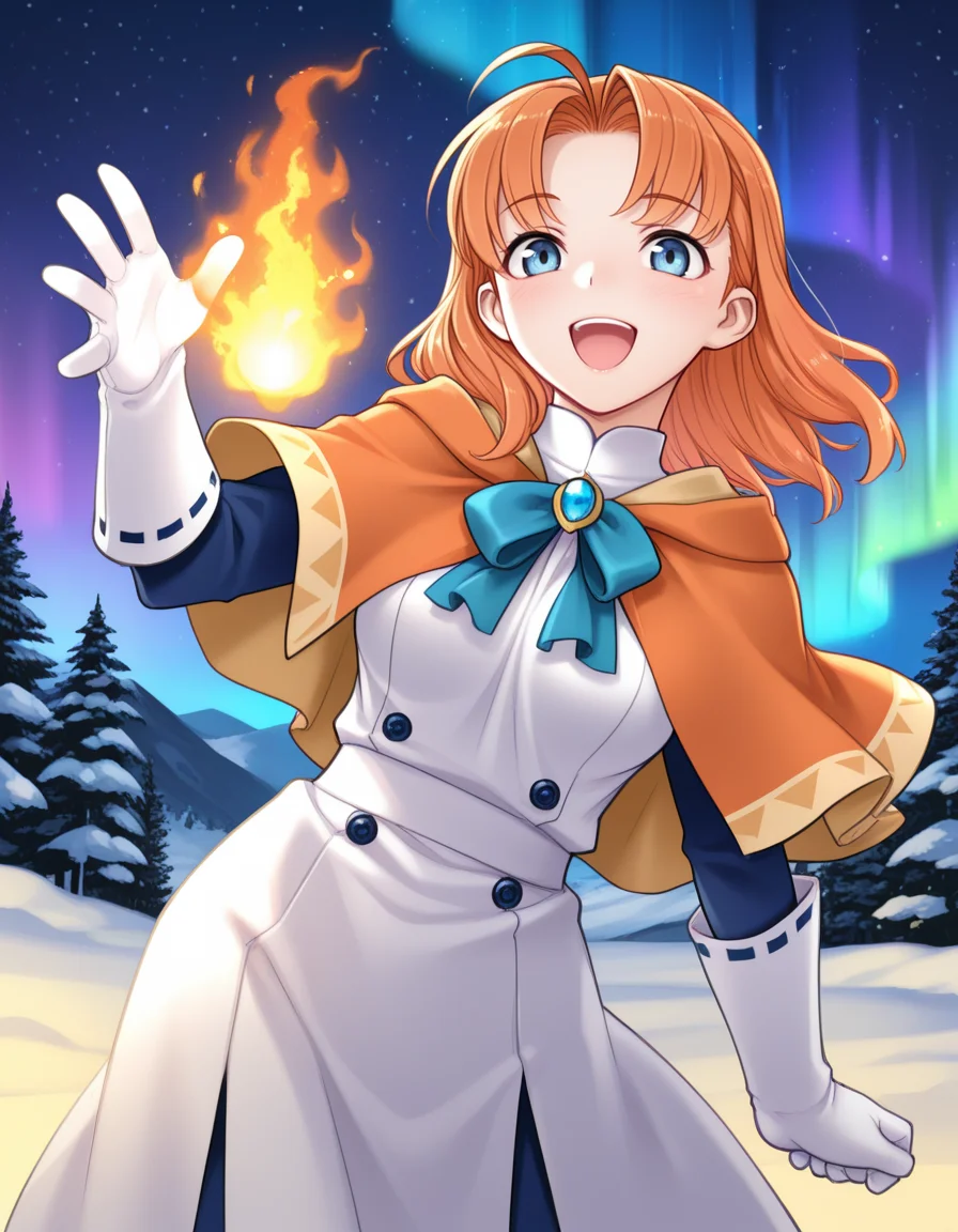 (k1r1y4m4),     <lora:1_illu_kiriyama_taichi_8e:1>, 1girl, annette_fantine_dominic (post timeskip), fire emblem, orange hair, blue eyes, medium hair, parted bangs, orange capelet, brooch, blue bow, white gloves, long gloves, white dress, blue sleeves, smile, open mouth, magic, fjord, snow, aurora, (masterpiece, best quality, amazing quality),