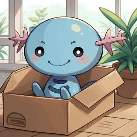 score_9, score_8_up, score_7_up, source_anime, <lora:chibi_box_b0xe_v2.1:0.8> b0xe, in box, chibi, cardboard box, <lora:WooperPKMN-pdxl:1> w00per, pokemon \(creature\), no humans, blue skin, black eyes, white pupils, smile, potted plant, window, indoors