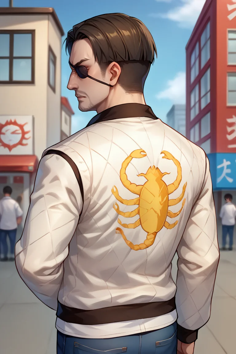 score_9, score_8_up, score_7_up, BREAK, 1boy, solo, <lora:majima-guy-PONYv1:.9>, majima, majimaDEF, eyepatch, <lora:drivejacket-outfit-richy-v1_pdxl:0.95> print jacket, white jacket, from behind, jeans, looking back,