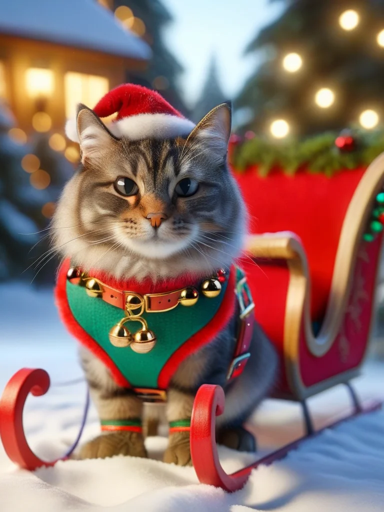 ral-santasleigh, a cat sitting in front of a Santas sleigh, cat wears a festive colorful harness <lora:ral-santasleigh-sdxl:1>
