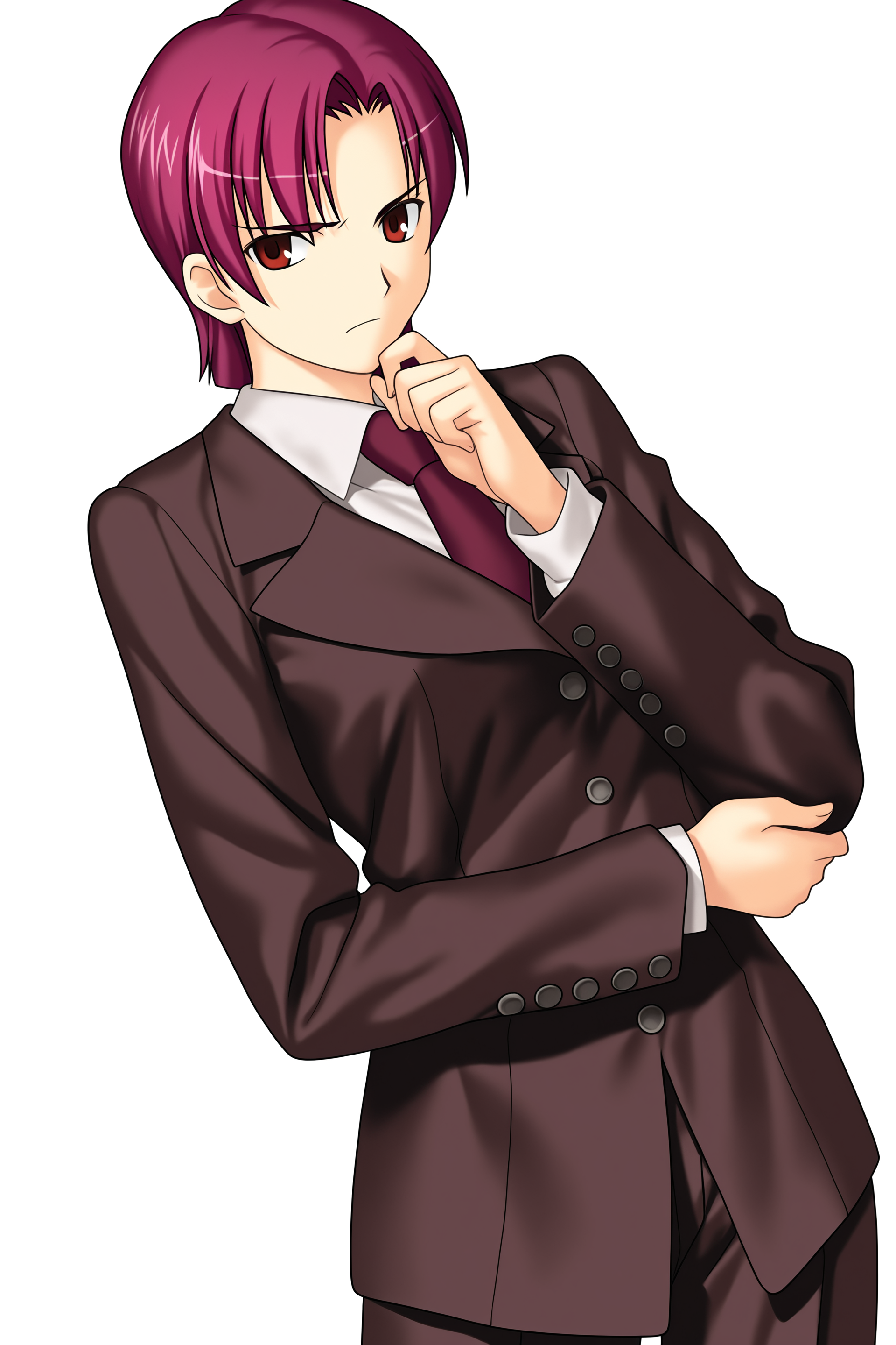 fatesnha, oekaki, 1girl, solo, looking at viewer, short hair, simple background, shirt, long sleeves, red eyes, jacket, purple hair, necktie, pants, transparent background, formal, suit, brown jacket, oekaki, brown pants, hand on own chin, thinking, pant suit, bazett fraga mcremitz, 
(masterpiece, best quality, absurdres, highres, newest, very awa:1.2), 