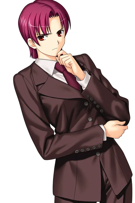 fatesnha, oekaki, 1girl, solo, looking at viewer, short hair, simple background, shirt, long sleeves, red eyes, jacket, purple hair, necktie, pants, transparent background, formal, suit, brown jacket, oekaki, brown pants, hand on own chin, thinking, pant suit, bazett fraga mcremitz, 
(masterpiece, best quality, absurdres, highres, newest, very awa:1.2), 