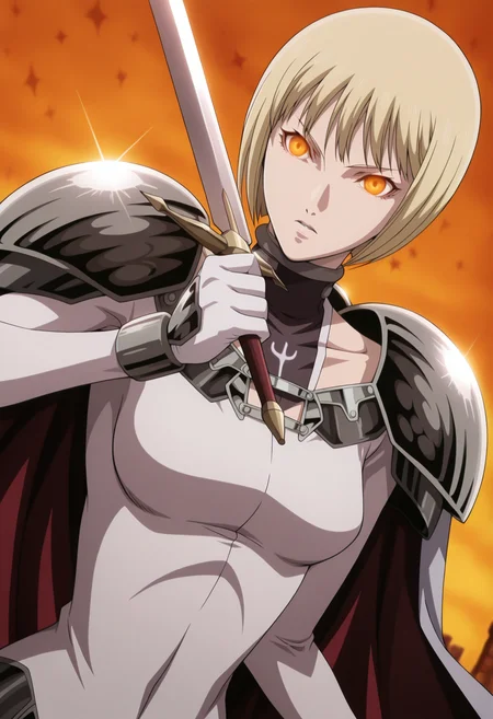 anime screencap, anime coloring, 1girl, solo, <lora:DX888ClareIL:1> clare, blonde hair, glowing eyes, orange eyes, blonde hair, bob cut, cape, bodysuit, pauldrons BREAK simple background, orange background, argyle background, BREAK upper body, dutch angle, dynamic pose, posing, fighting stance, holding sword,