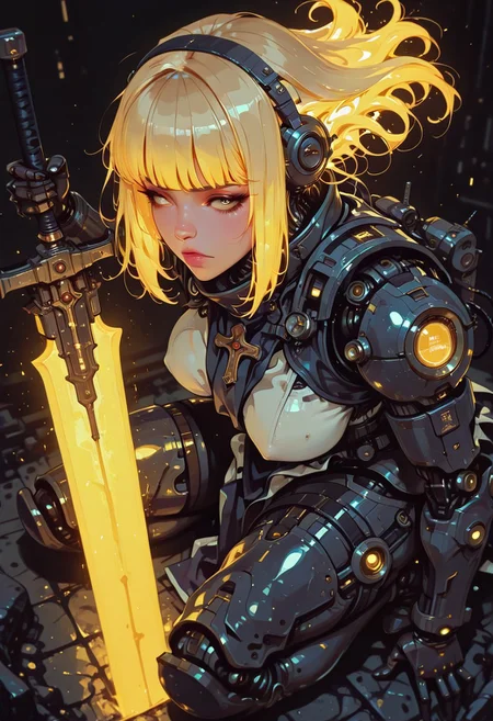 masterpiece, best quality, good quality, very aesthetic, absurdres, newest, 8K, depth of field, focused subject, in the style of cknc, artist:moriimee, in the style of cksc, BREAK stunning female sci-fi cyborg female angel, long bioluminescent glowing hair, bangs, medium perky breasts, templar armour with tabard emblazoned with a crusader cross, robot arms and joints, armour, greaves, vambraces, holding large glowing sword sparking with energy, dynamic pose, dark background with swirling motes of light, golden hour, directional lighting, viewed from above