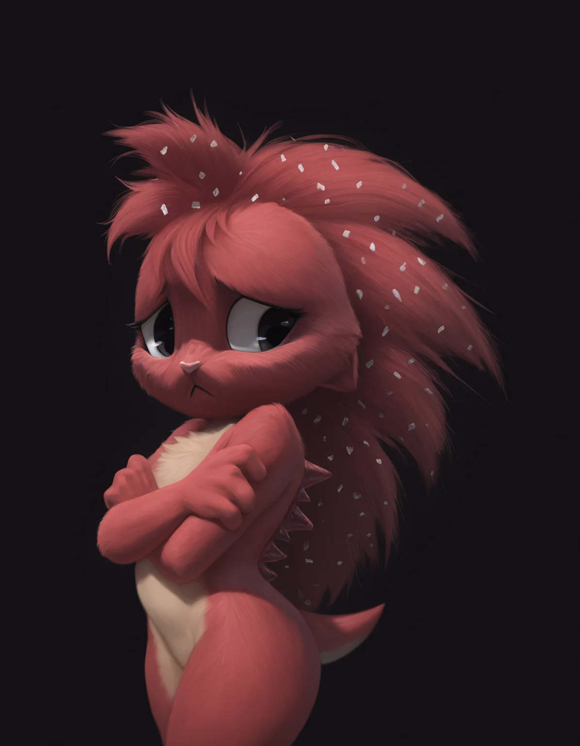 masterpiece, best quality, safe, (furry female:1.2), flaky \(htf\), solo, red fur, porcupine, back spikes, dandruff, :<, sexy, shy, fig sign, crossed arms, sideways, detailed, shading, 4k, realistic, black background, high definition artwork, <segment:yolo-Canine.pt,0.2,0.4//cid=1><segment:yolo-Face.pt,0.2,0.4//cid=2>