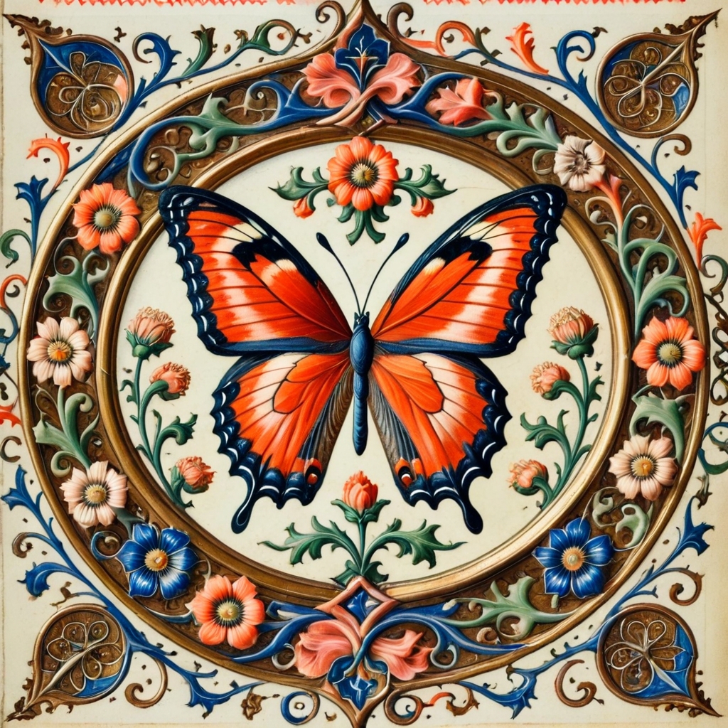 pam-mdvl butterfly, flower background, round frame,highly detailed, dynamic, masterpiece,intricate,hdr