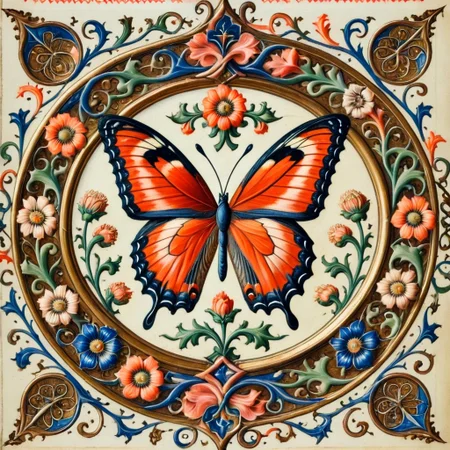 pam-mdvl butterfly, flower background, round frame,highly detailed, dynamic, masterpiece,intricate,hdr