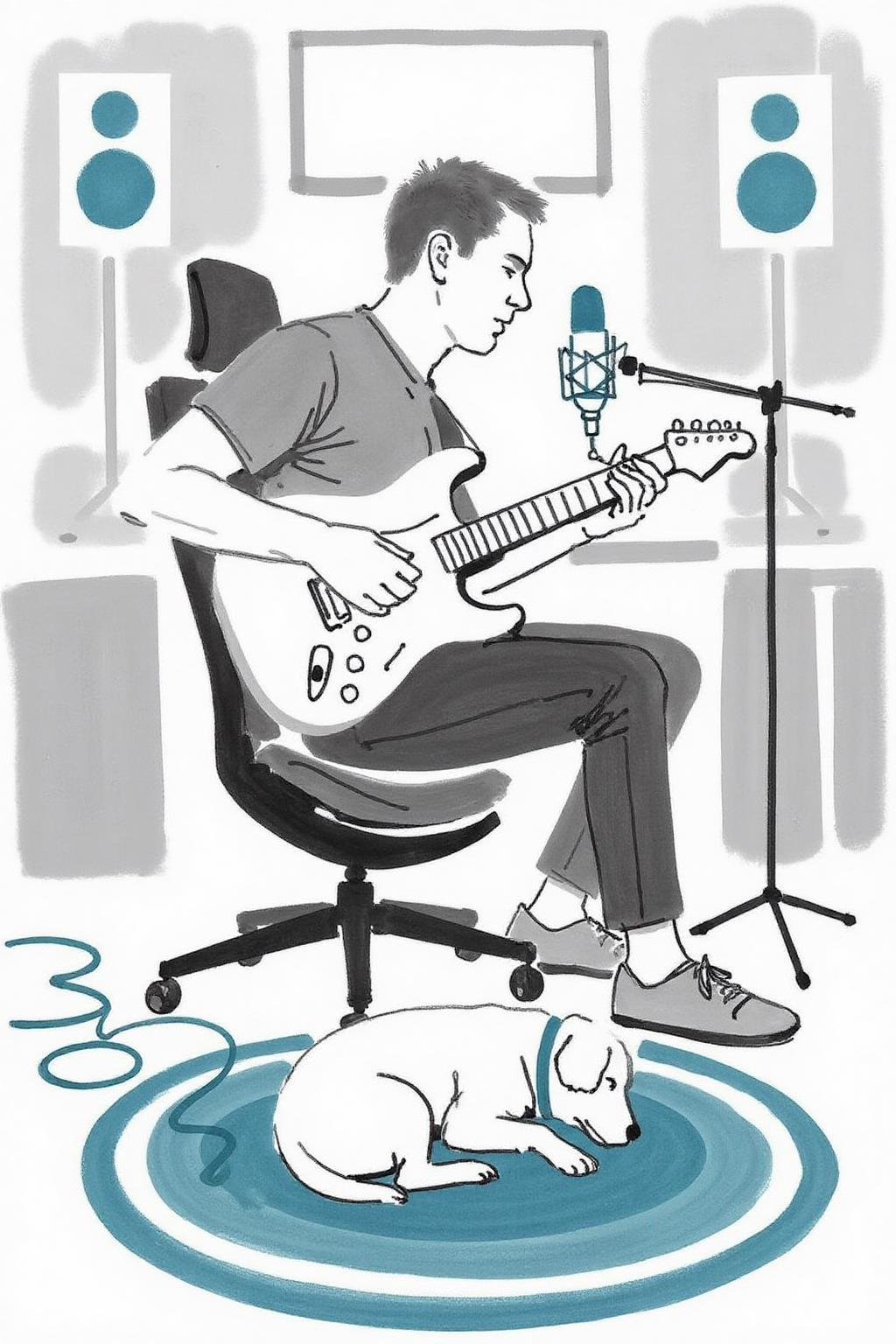 watercolor illustration.
A man playing an electric guitar in his home recording studio. He has short hair, is sitting on a modern, ergonomic chair. He is holding an electric guitar and is wearing a short-sleeved shirt, dark pants, and casual shoes. Lying on the rug in front of him is a dog, which is curled up and sleeping. <lora:minink1_cap_d6a3e12:1.0><lora:825124245035170768:0>