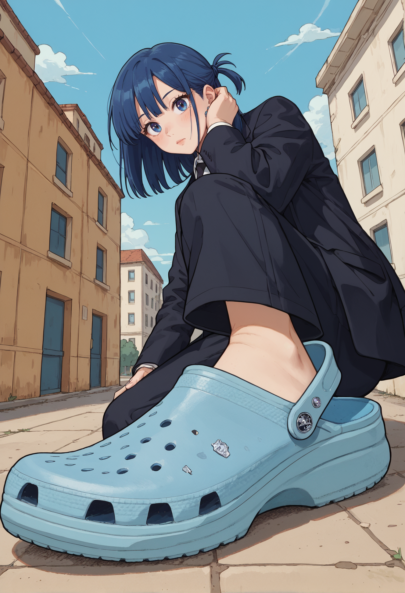 score_9, score_8_up, score_7_up, 1girl, formal suit, black pants, black blazer jacket, white shirt, collared shirt, black tie, blue crocs, crocs, <lora:ryth-crocs:1.2>,  <lora:showinshoes:0.75> hud_sh03_sh0w, foreshortening, looking at viewer