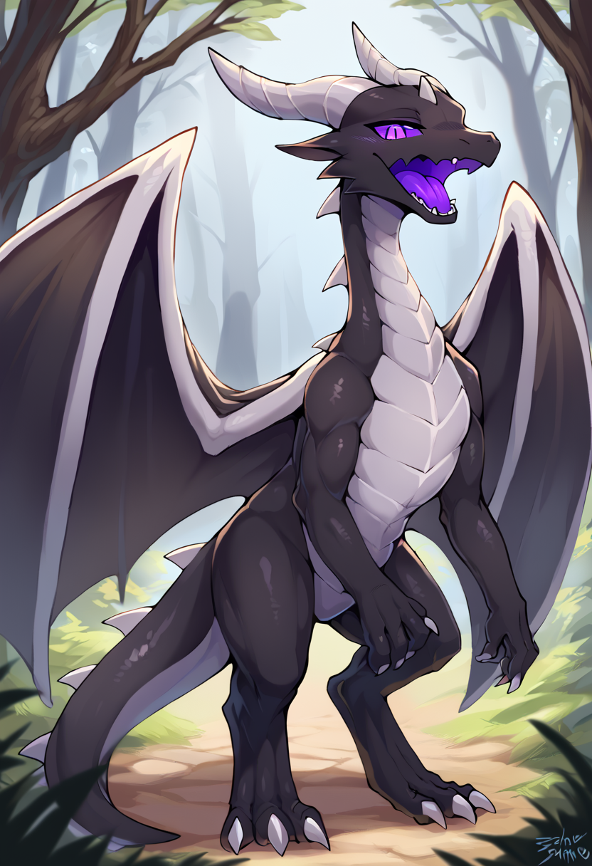 <lora:MC_EnderDragon_a1_3_PonyXL>,<lora:BG2_dpep4+silicon29dim64:1>,<lora:PDXL_artist_tags_v2_big>,score_9,score_8_up,score_7_up,source_furry,enderdragon,feral,by zackary911,by syuro,by hanuvo,solo,hi res,detailed background,forest,
looking at viewer,purple eyes,no sclera,white pupils,hand on ground,side view,open mouth,black wings,purple tongue,