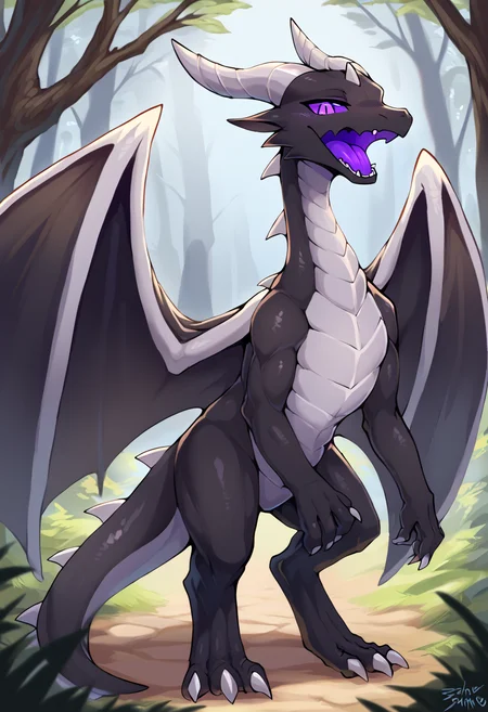 <lora:MC_EnderDragon_a1_3_PonyXL>,<lora:BG2_dpep4+silicon29dim64:1>,<lora:PDXL_artist_tags_v2_big>,score_9,score_8_up,score_7_up,source_furry,enderdragon,feral,by zackary911,by syuro,by hanuvo,solo,hi res,detailed background,forest,
looking at viewer,purple eyes,no sclera,white pupils,hand on ground,side view,open mouth,black wings,purple tongue,