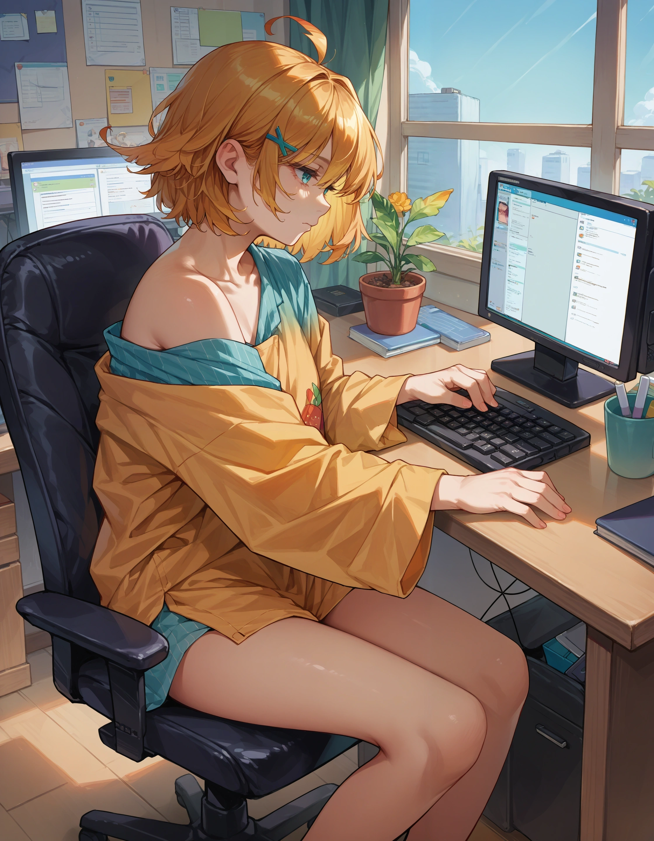 score_9, score_8_up, score_7_up, source_anime,
1girl, dokibrd, oversized shirt, off shoulder, expressionless, aqua eyes,
office chair, keyboard \(computer\), computer, monitor, indoors, window
 <lora:char_dokibird-bounty-pony:1>