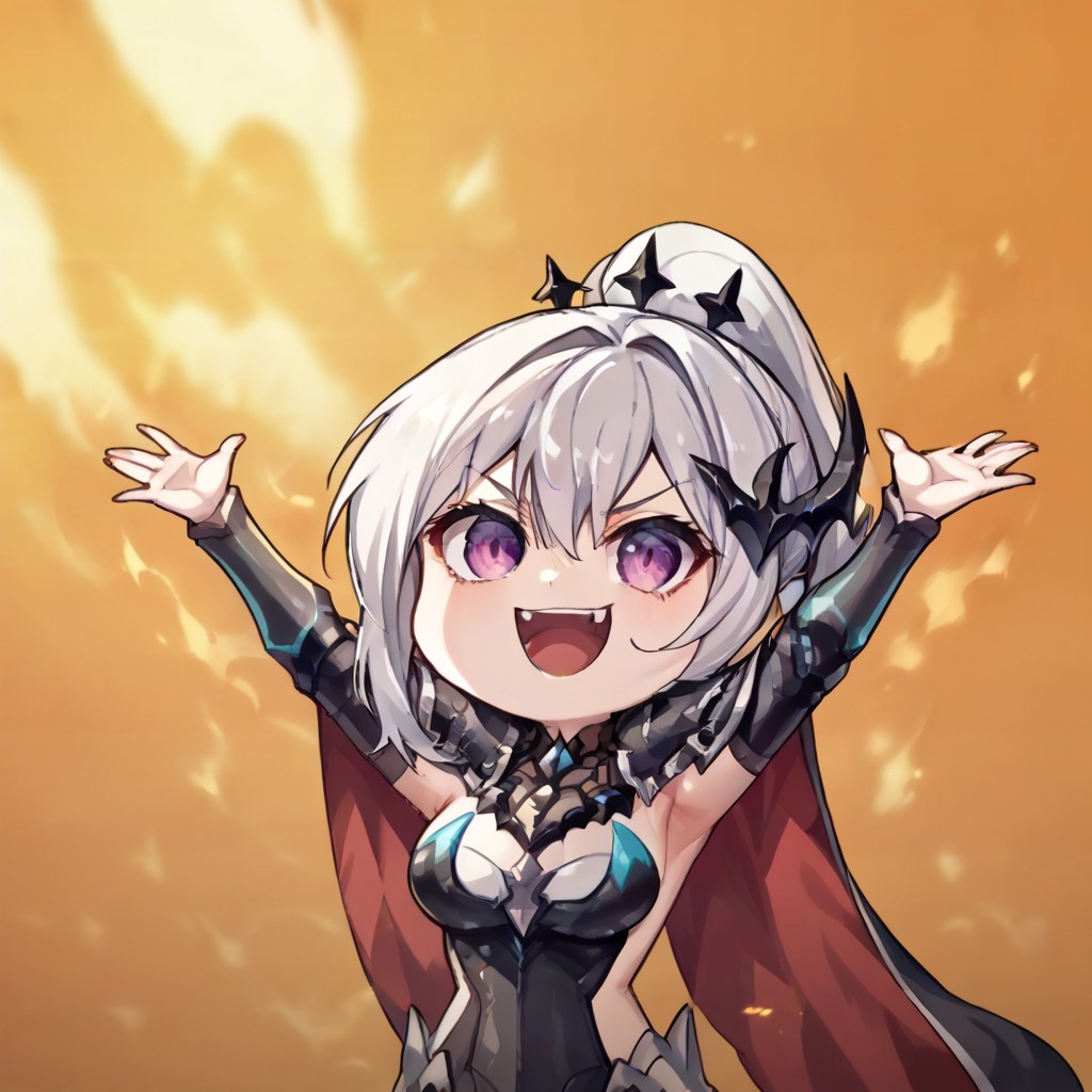 zPDXL3, score_9_up, score_8_up, score_7_up, (Anime_source), 1girl, arms up, fire, outstretched arms, upper Body, burning, (chibi), Senya, purple eyes, white hair, long hair, ponytail, dragon horn, Senya clothes, backless, cape, open mouth, evil smile