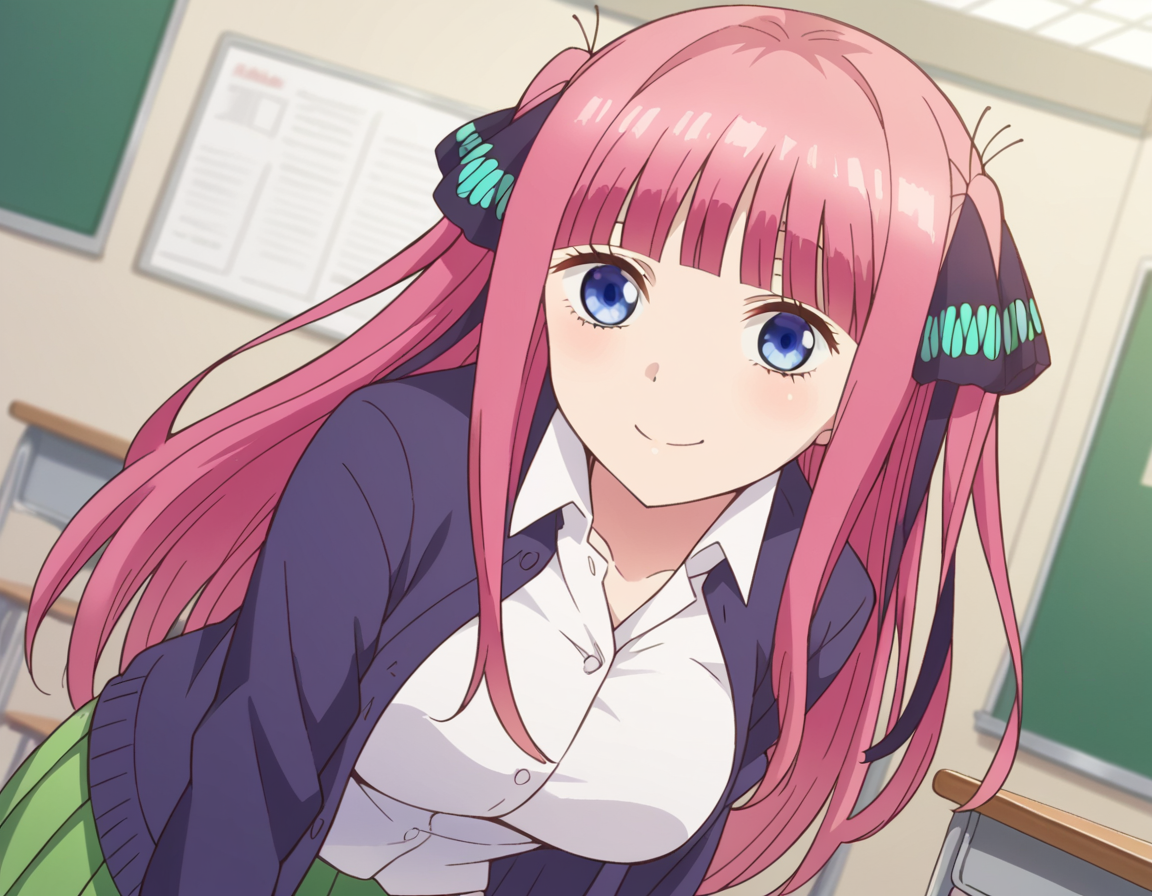 score_9, score_8_up, score_7_up, source_anime,
ninonakano, <lora:nino-nakano-s1-ponyxl-lora-nochekaiser:1>,
nino nakano, long hair, bangs, blue eyes, hair ornament, hair ribbon, pink hair, blunt bangs, two side up, butterfly hair ornament, mature female,
skirt, shirt, long sleeves, white shirt, pleated skirt, open clothes, collared shirt, sleeves past wrists, dress shirt, cardigan, green skirt, open cardigan, black cardigan,
indoors, classroom, bent over, smile,
looking at viewer, cowboy shot, dutch angle, solo,