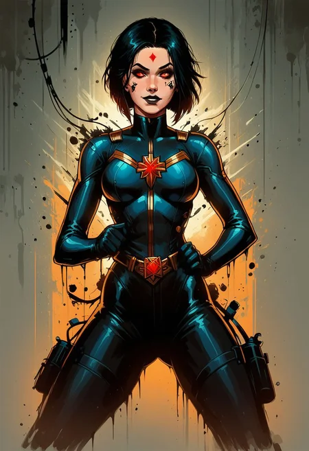 score_9, score_8_up, score_7_up, score_6_up, dcaustyle, 1girl, captain marvel, black bodysuit, glowing black, goth filr, raven, hair, undercut, pointy breasts, cowboy shot, spacecraft interior, 2d, glowing red eyes, spread legs, sexy pose,smile, (tattoo face:1.1)
