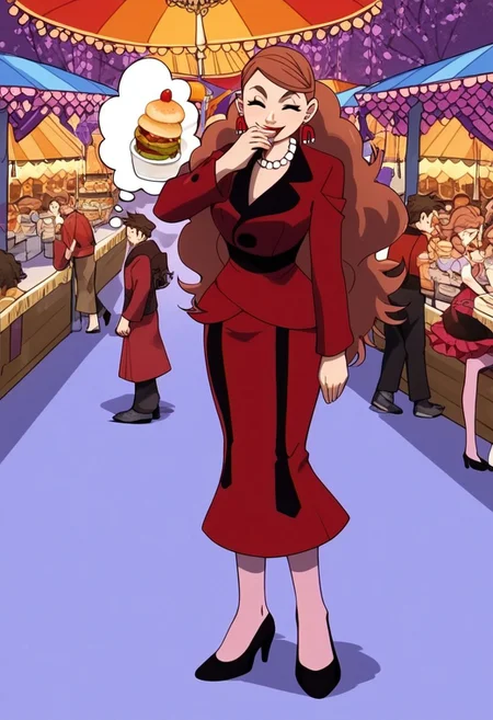 score_9, score_8_up, score_7_up,score_6_up, butcha,Expressiveh, 1dk, source_anime, solo, alone,
Teslamagnet, Earrings, pearl necklace,Red jacket, red skirt, pink pantyhose, black footwear, high heels,
, smile, happy, asleep, closed eyes, hearts around head, thought bubble, food inside thought bubble, eating baguette, walking around in a market, nipple_bulge,noblelaugh