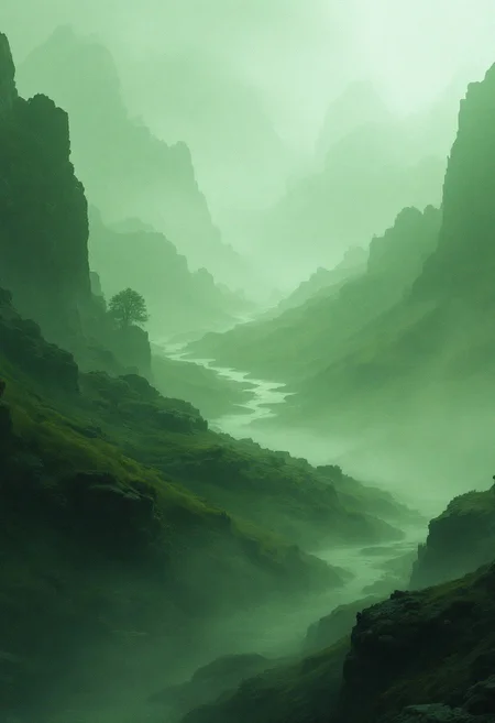 ((Green)): A hauntingly stunning landscape, perfect for a desktop wallpaper. Soft, muted tones dominate the palette, with unusual dark hues and faded colors blending seamlessly together. Atmospheric haze lingers, adding to the drama. Cinematic lighting casts long shadows, emphasizing every detail. Film grain texture adds depth, while professional composition guides the viewer's eye. Fine details are meticulously rendered, showcasing maximum level of detail. This masterpiece is a true work of art, boasting extreme precision and best-in-class quality.