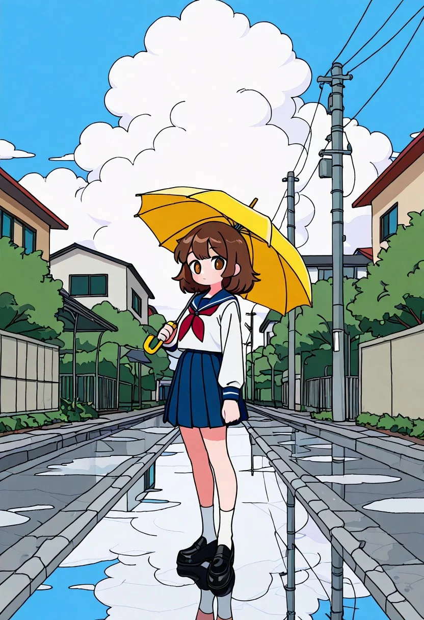 1girl,umbrella,outdoors,solo,skirt,school uniform,red neckerchief,sailor collar,ligne claire,serafuku,brown hair,holding,power lines,sky,neckerchief,utility pole,socks,holding umbrella,cloud,blue sailor collar,white socks,white shirt,long sleeves,blue skirt,shoes,shirt,pleated skirt,blue sky,standing,black footwear,day,reflection,loafers,medium hair,brown eyes,long hair,closed mouth,cloudy sky,full body,building,scenery,floating hair,looking at viewer,
<lora:nest virgo_illustriousXL:1.5>,