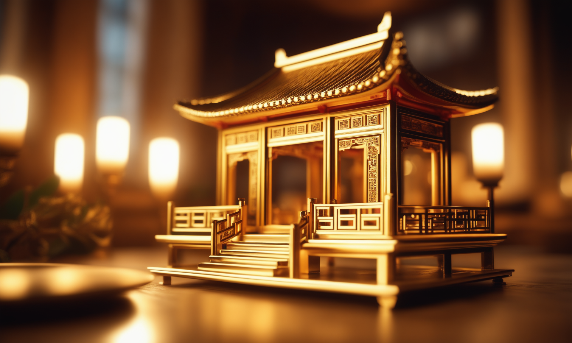<lora:goldcarvingcd_xl-000006:0.3>,a golden toy of Chinese architecture is placed on the table,goldcarvingcd_xl,gold carving,miniature,tilt-shift,indoors,no humans,east asian architecture,cutie,cute,fine art,(Unbelievable Digital Artwork:1.3),CGSociety,ArtStation,master works, emotional, harmonious, high budget, moody, epic, gorgeous, perfect lighting, realistic, photorealistic, photographic, photo (medium),real, moody lighting, volumetric lighting, reality ray tracing, 8K, HDR, UHD, masterpiece, best quality, highly detailed, high resolution, finely detail, extremely detailed, ultra detailed, wallpaper